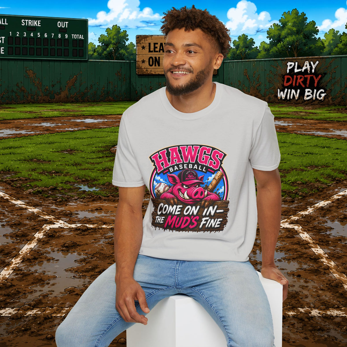 Rock Lakes Mud Hawgs Baseball Shirt | Come On In The Mud's Fine | Funny Pig Baseball Team Tee