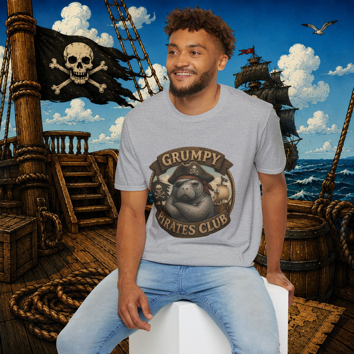 Grumpy Pirates Club Manatee T-Shirt | Funny Pirate Manatee Coastal Humor Tee