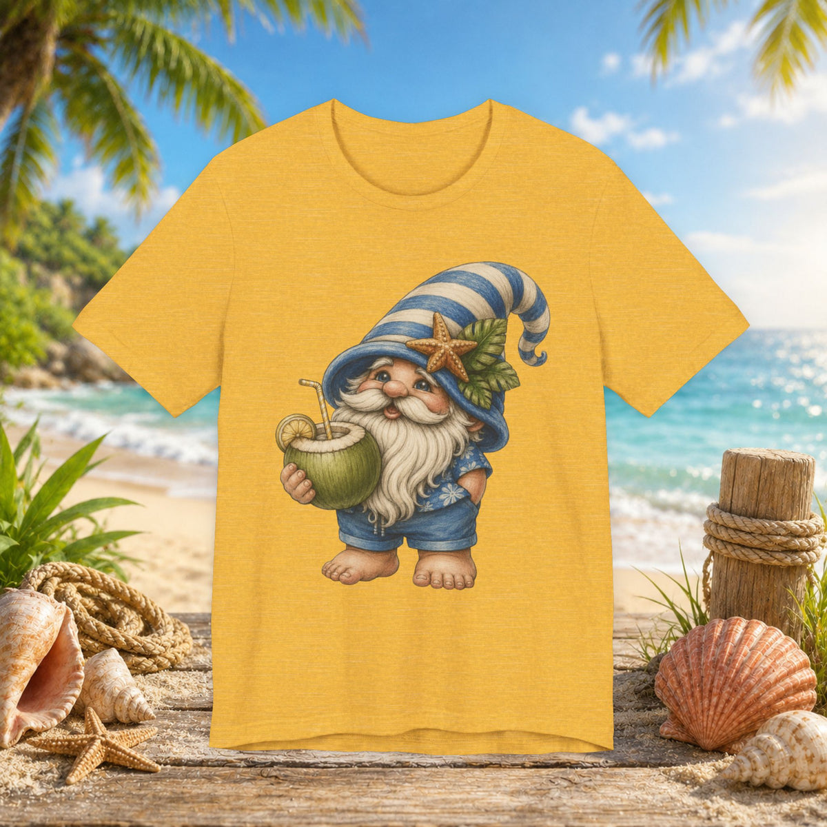 Beach Gnome Drinking Coconut | Coastal Summer Gnome Illustration