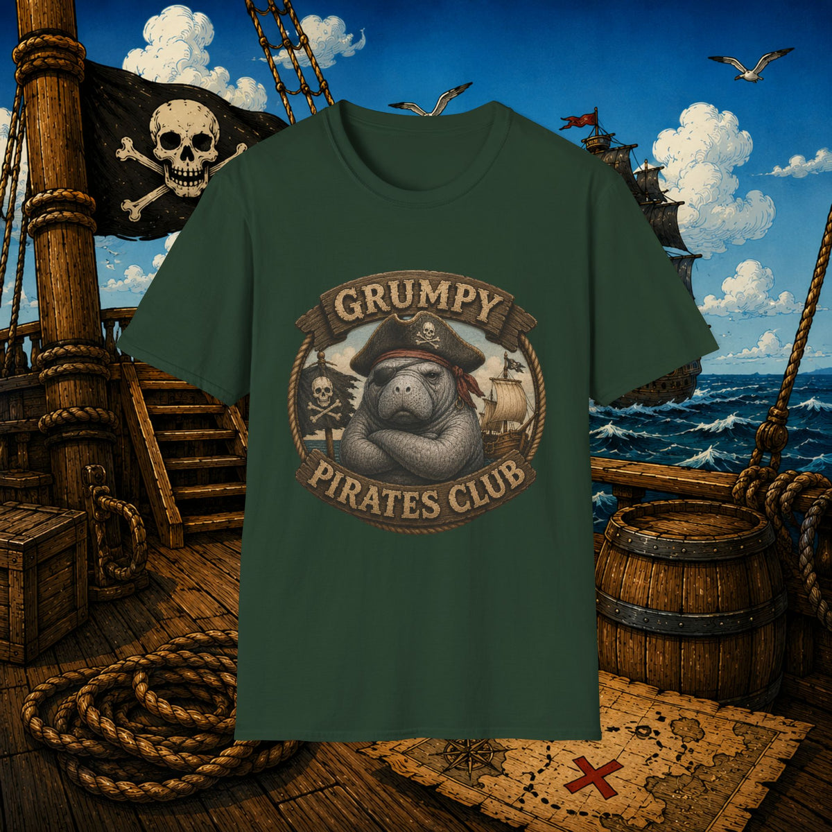 Grumpy Pirates Club Manatee T-Shirt | Funny Pirate Manatee Coastal Humor Tee