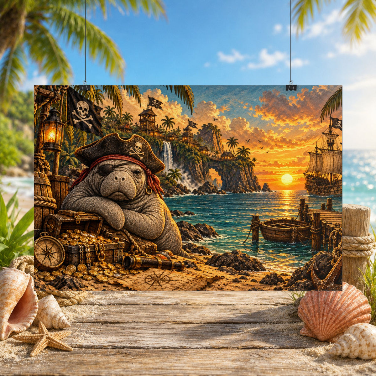 Pirate Manatee Sunset Tropical Adventure Rolled Poster