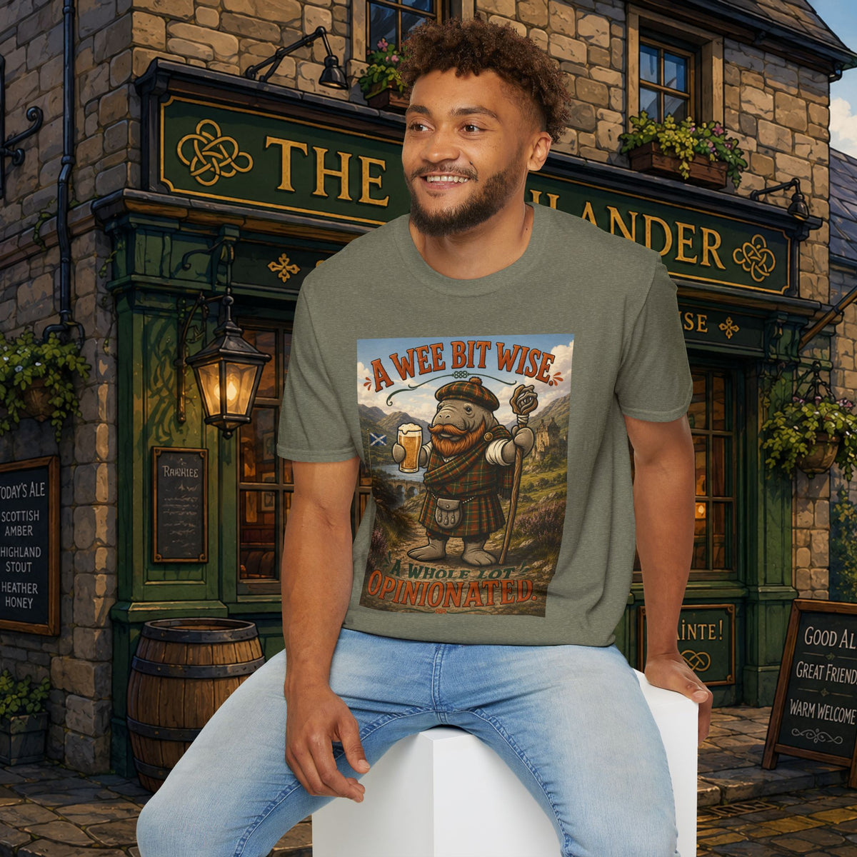 A Wee Bit Wise A Whole Lot Opinionated Shirt | Funny Scottish Manatee Tee | Highland Humor Graphic T-Shirt