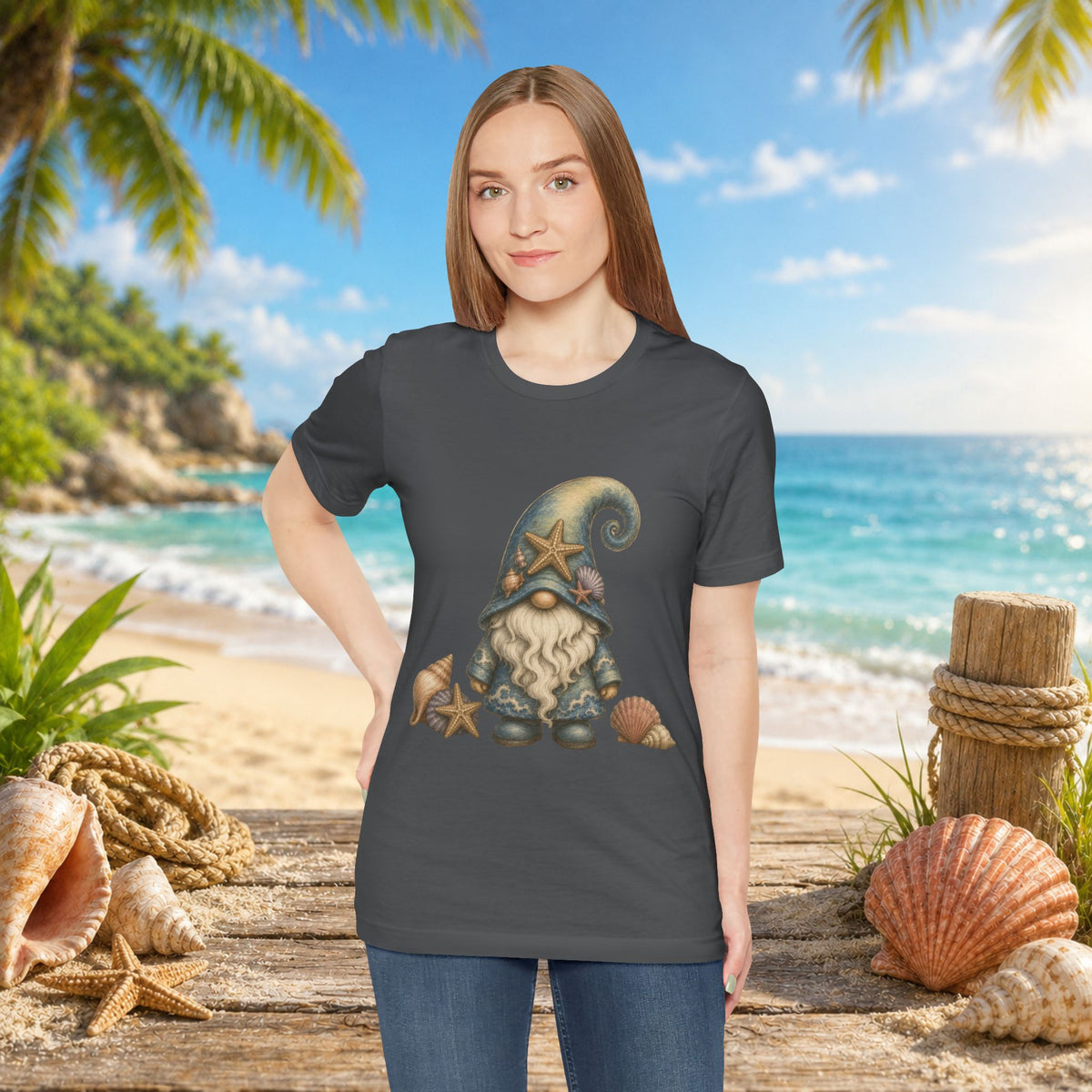 Beach Gnome with Seashells and Starfish | Coastal Nautical Fantasy Art