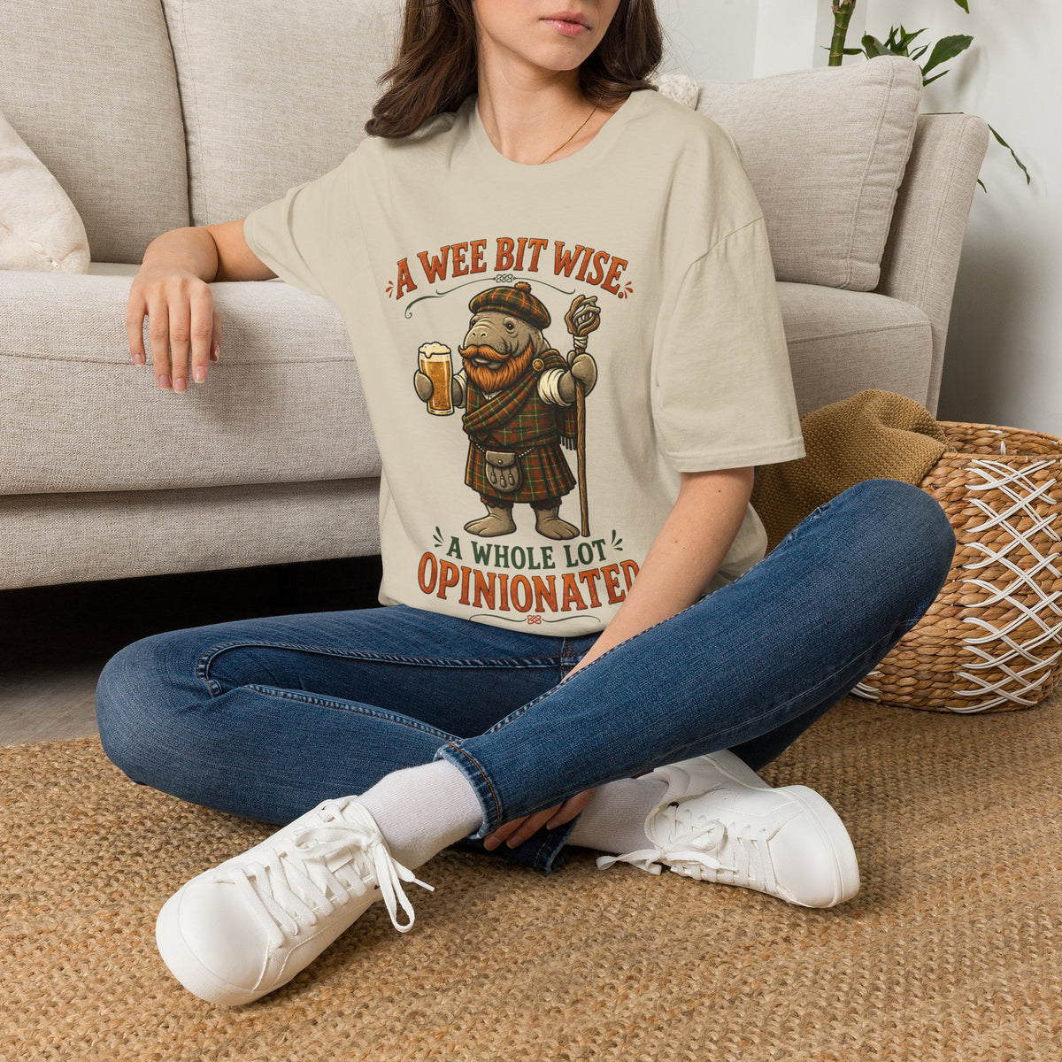 A Wee Bit Wise A Whole Lot Opinionated Shirt | Funny Scottish Manatee Tee | Highland Humor Graphic T-Shirt