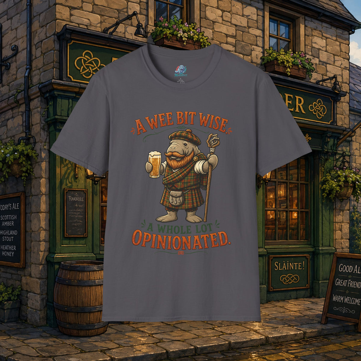 A Wee Bit Wise A Whole Lot Opinionated Shirt | Funny Scottish Manatee Tee | Highland Humor Graphic T-Shirt