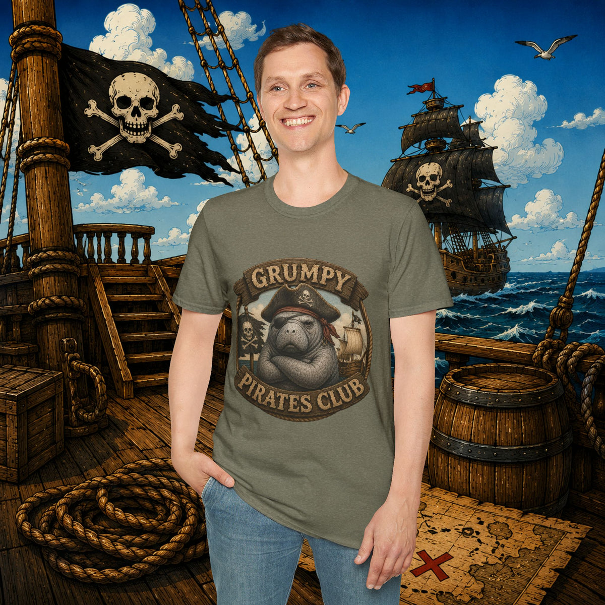 Grumpy Pirates Club Manatee T-Shirt | Funny Pirate Manatee Coastal Humor Tee