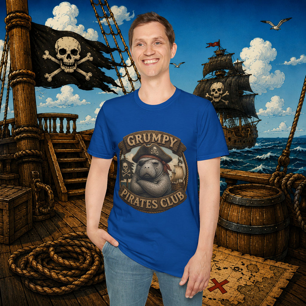 Grumpy Pirates Club Manatee T-Shirt | Funny Pirate Manatee Coastal Humor Tee