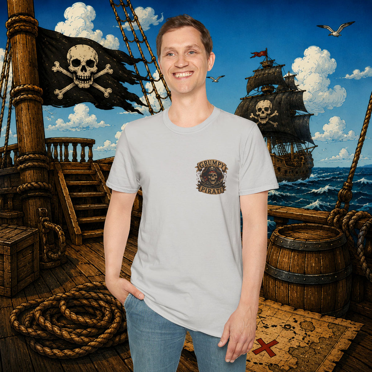 Captain of the S.S. Get Off My Deck Pirate Skeleton Shirt – Funny Grumpy Pirate Graphic Tee