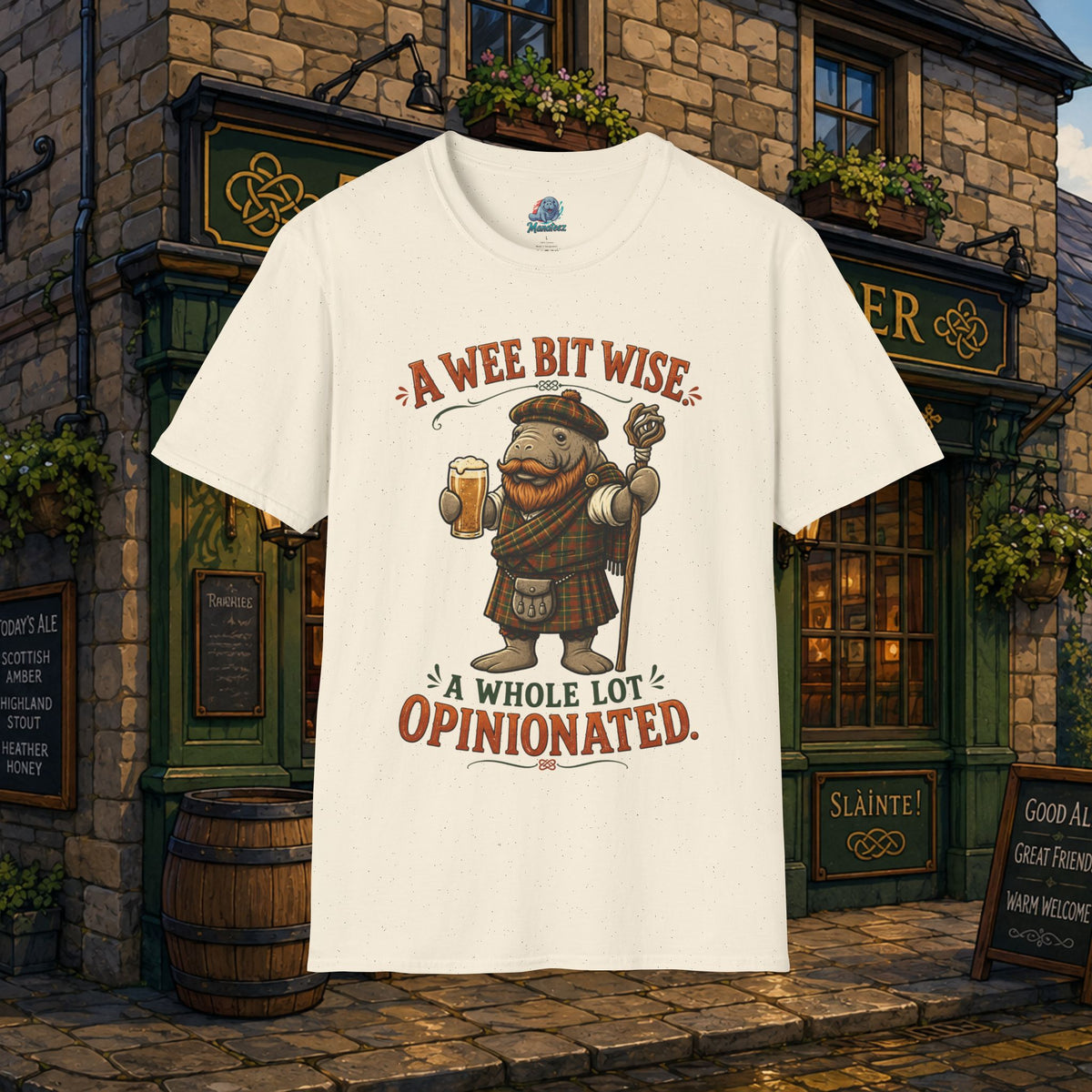 A Wee Bit Wise A Whole Lot Opinionated Shirt | Funny Scottish Manatee Tee | Highland Humor Graphic T-Shirt