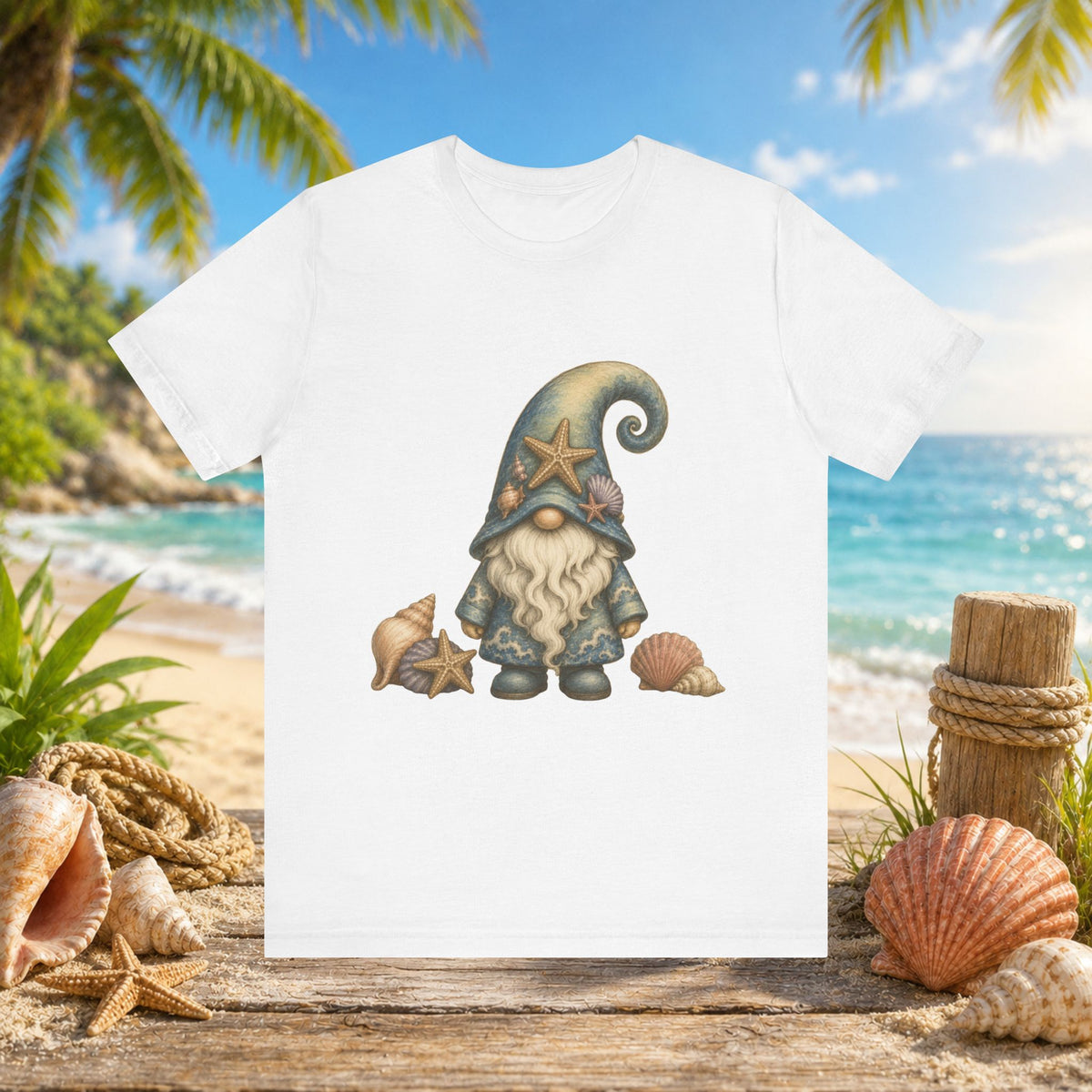 Beach Gnome with Seashells and Starfish | Coastal Nautical Fantasy Art