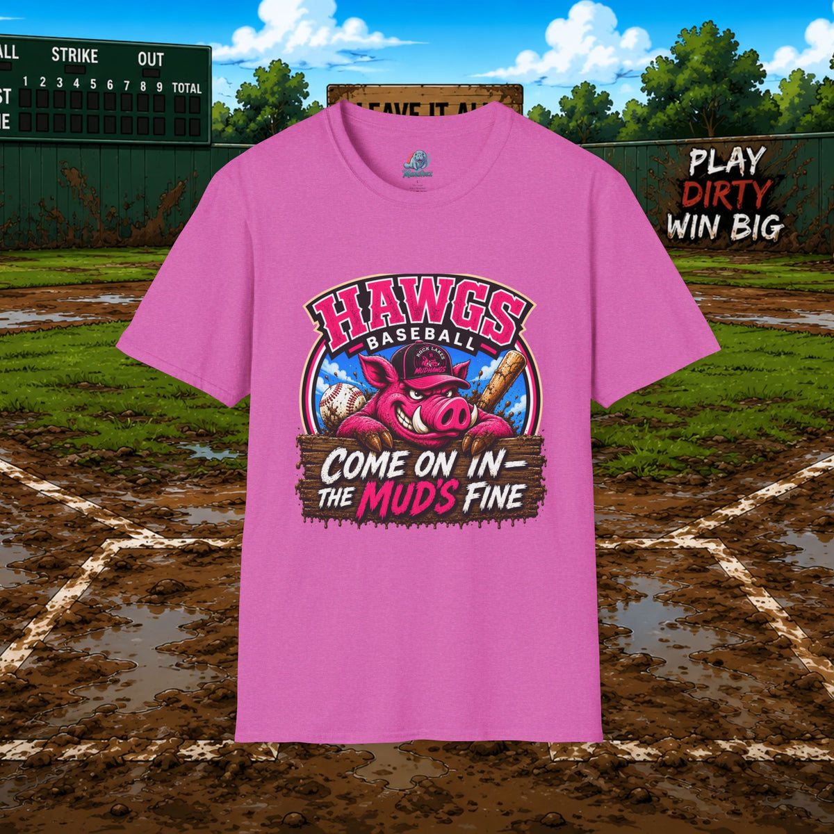 Rock Lakes Mud Hawgs Baseball Shirt | Come On In The Mud's Fine | Funny Pig Baseball Team Tee