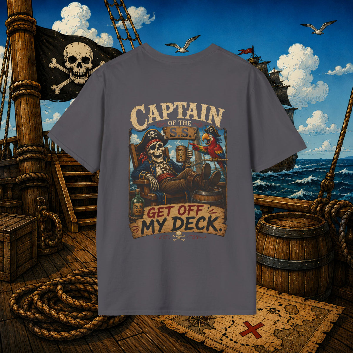 Captain of the S.S. Get Off My Deck Pirate Skeleton Shirt – Funny Grumpy Pirate Graphic Tee