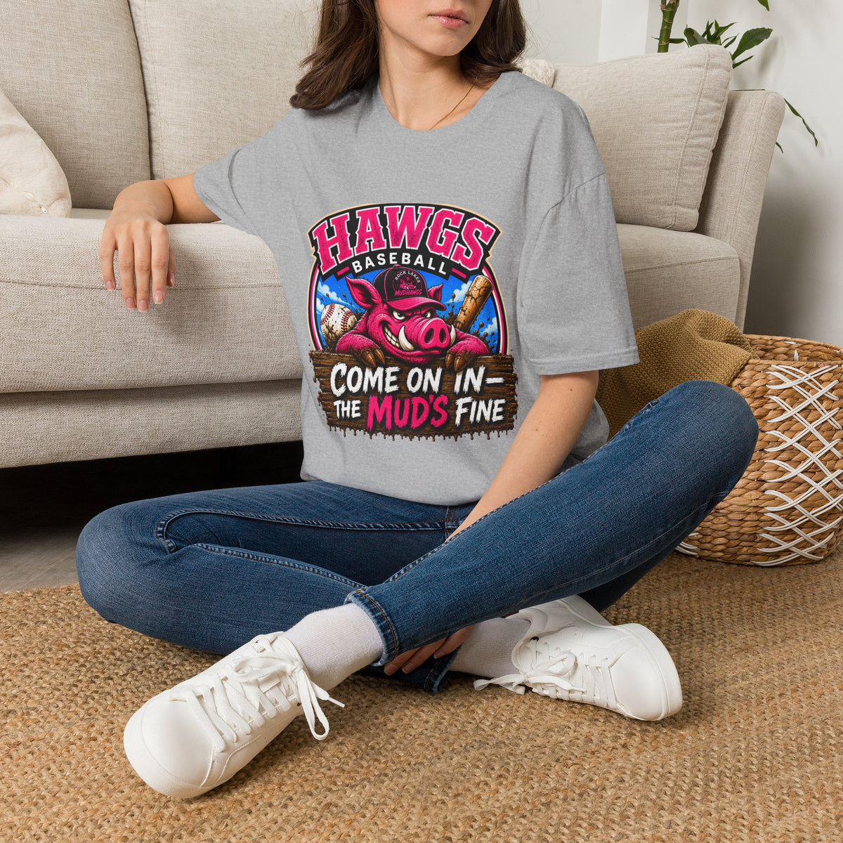 Rock Lakes Mud Hawgs Baseball Shirt | Come On In The Mud's Fine | Funny Pig Baseball Team Tee