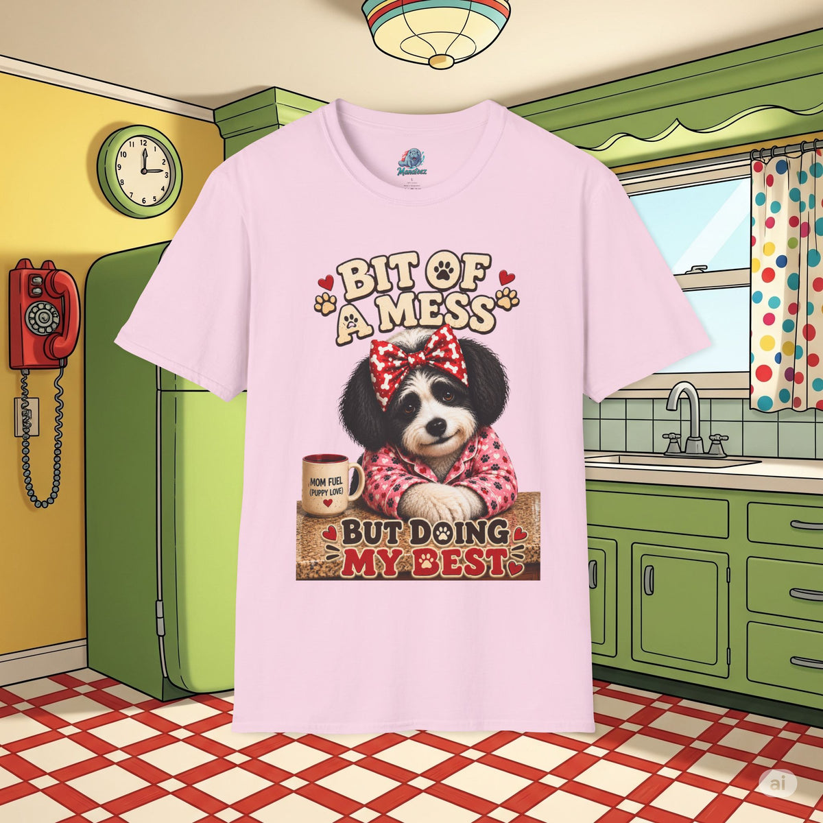 Bit of a Mess But Doing My Best Funny Dog Mom Shirt | Cute Puppy Pajamas Coffee Lover Graphic Tee No Background