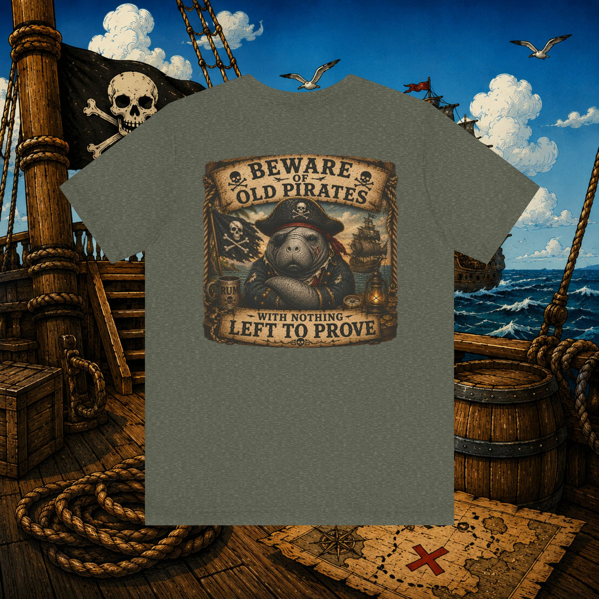 Beware of Old Pirates With Nothing Left to Prove | Grumpy Pirate Club Manatee T-Shirt