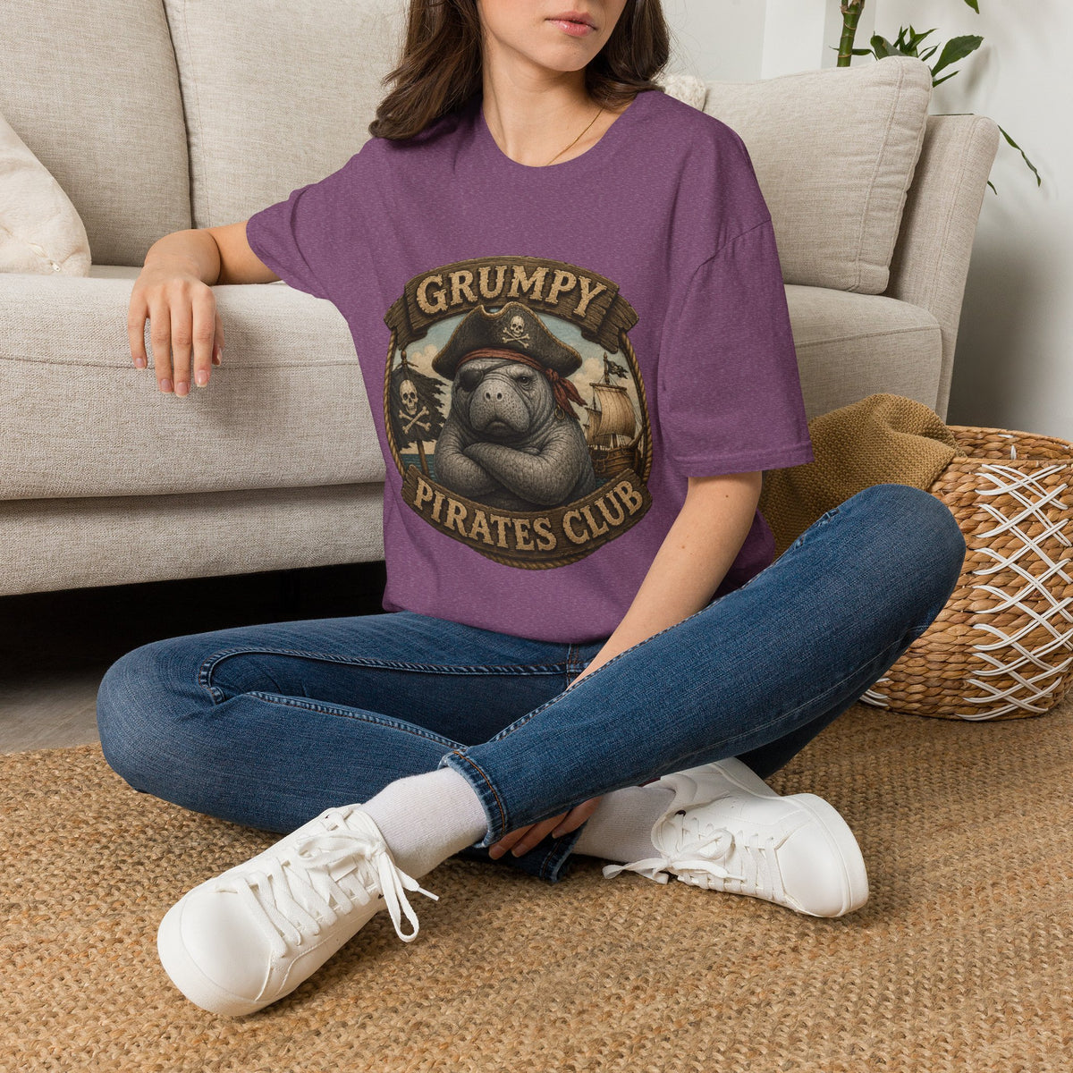 Grumpy Pirates Club Manatee T-Shirt | Funny Pirate Manatee Coastal Humor Tee