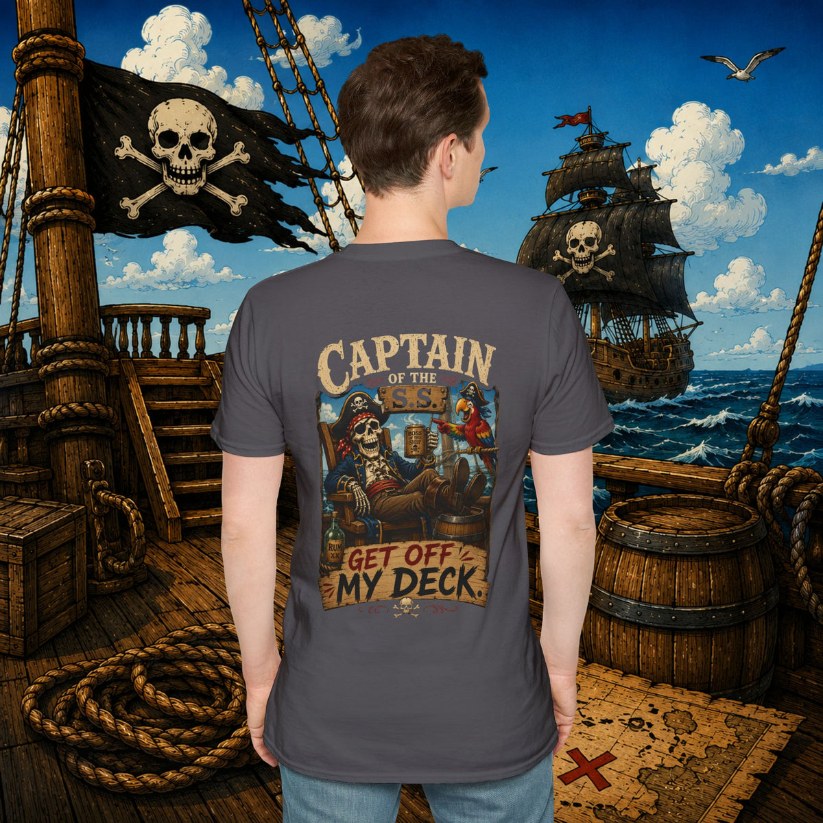 Captain of the S.S. Get Off My Deck Pirate Skeleton Shirt – Funny Grumpy Pirate Graphic Tee