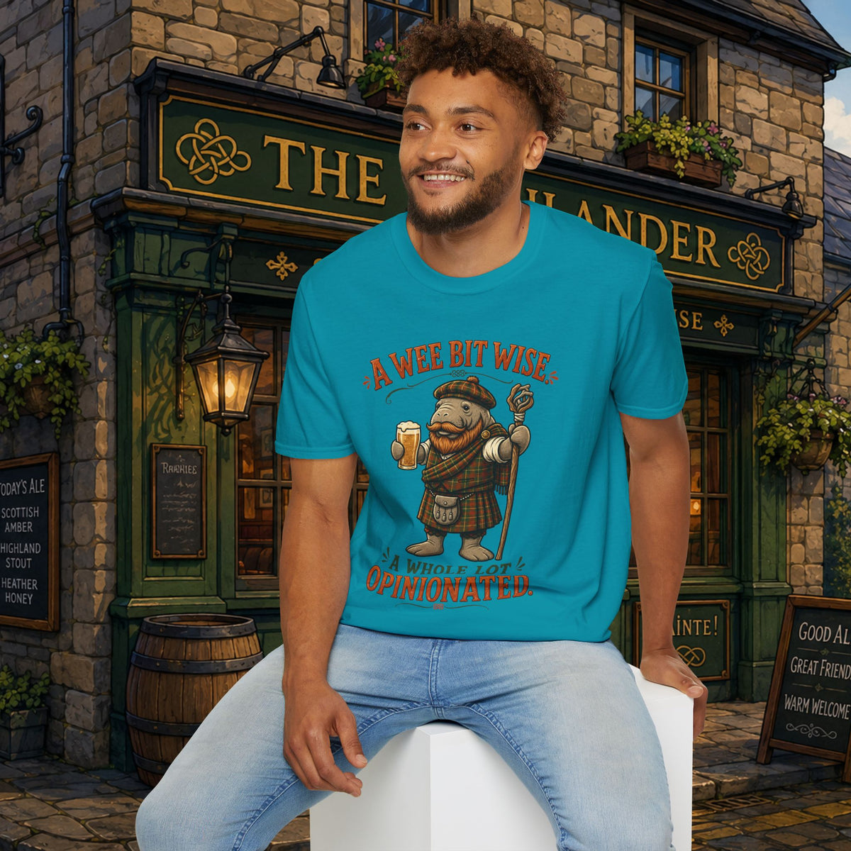 A Wee Bit Wise A Whole Lot Opinionated Shirt | Funny Scottish Manatee Tee | Highland Humor Graphic T-Shirt