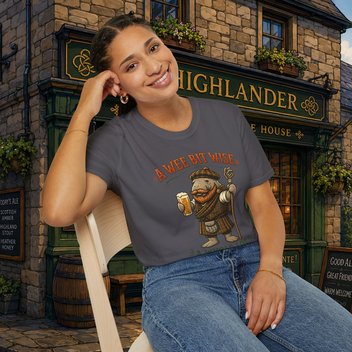 A Wee Bit Wise A Whole Lot Opinionated Shirt | Funny Scottish Manatee Tee | Highland Humor Graphic T-Shirt