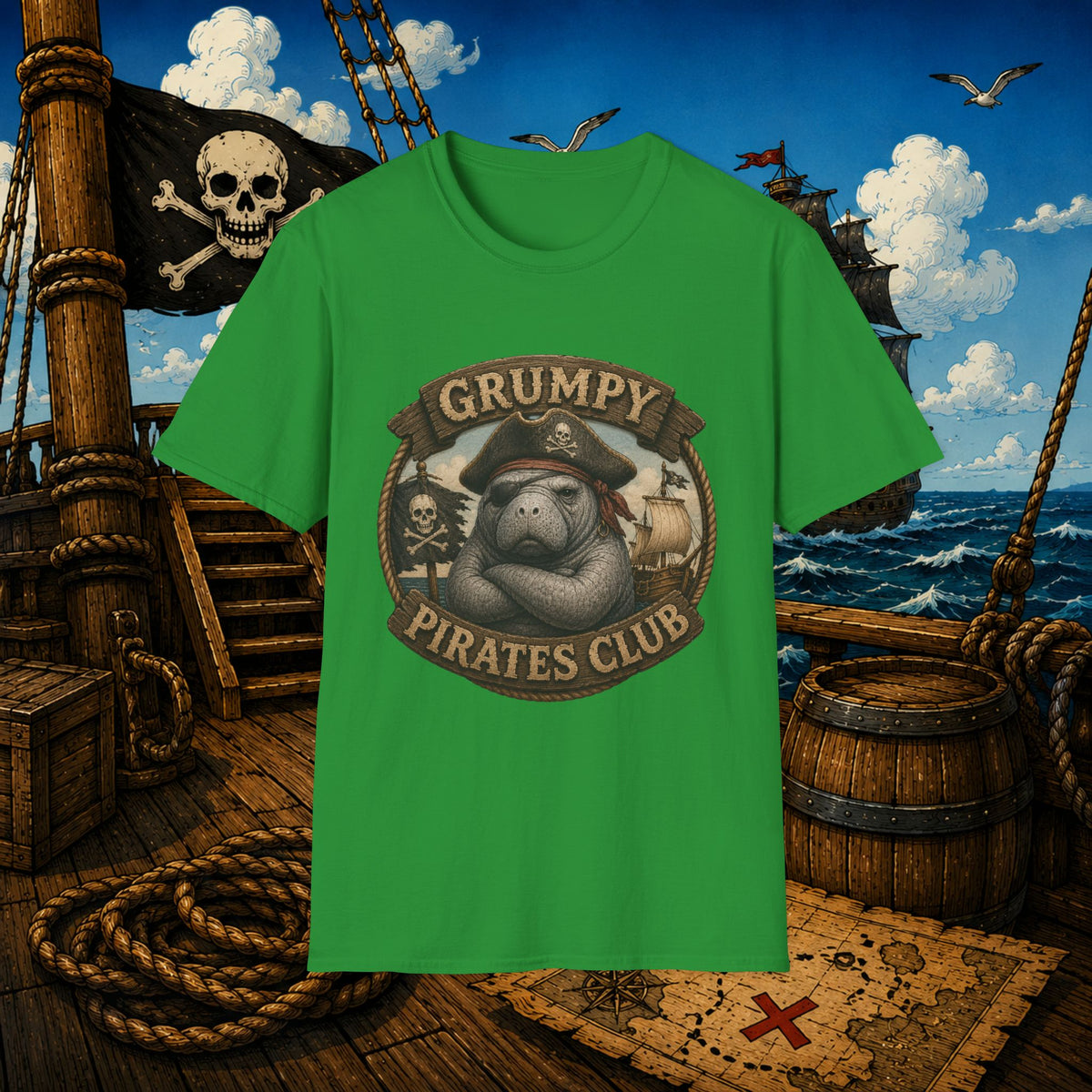 Grumpy Pirates Club Manatee T-Shirt | Funny Pirate Manatee Coastal Humor Tee
