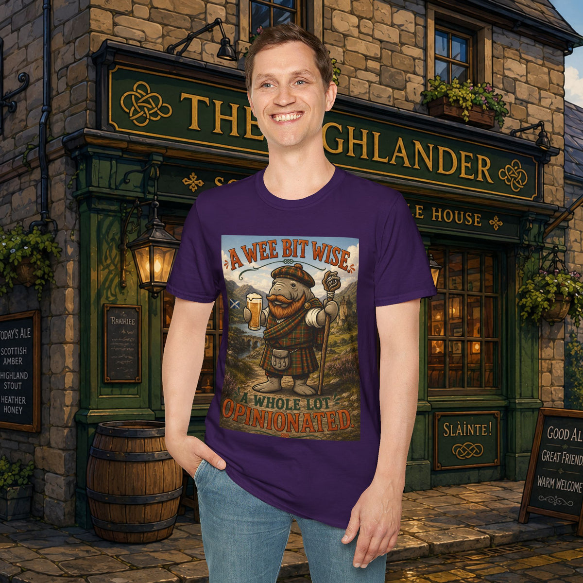 A Wee Bit Wise A Whole Lot Opinionated Shirt | Funny Scottish Manatee Tee | Highland Humor Graphic T-Shirt