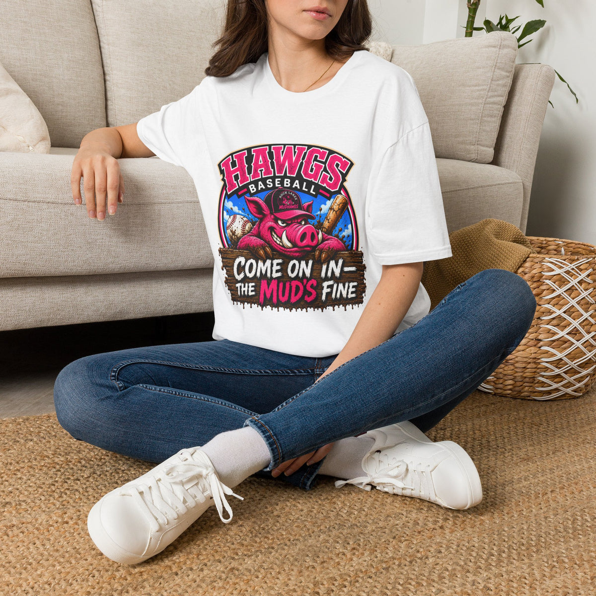 Rock Lakes Mud Hawgs Baseball Shirt | Come On In The Mud's Fine | Funny Pig Baseball Team Tee