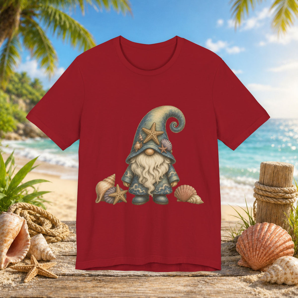 Beach Gnome with Seashells and Starfish | Coastal Nautical Fantasy Art