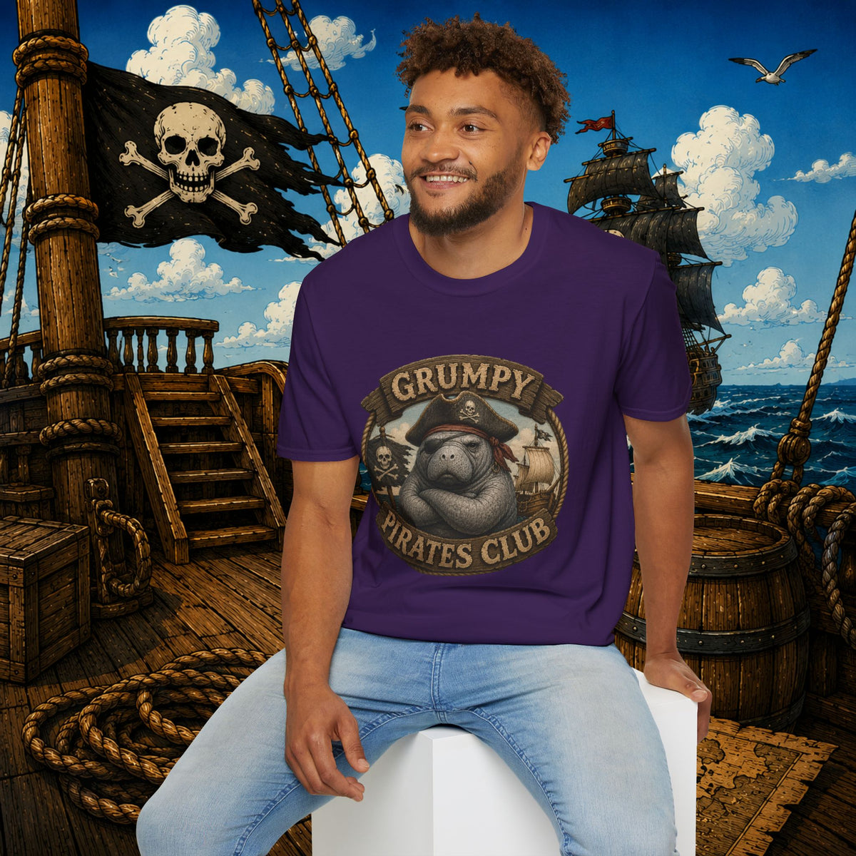 Grumpy Pirates Club Manatee T-Shirt | Funny Pirate Manatee Coastal Humor Tee
