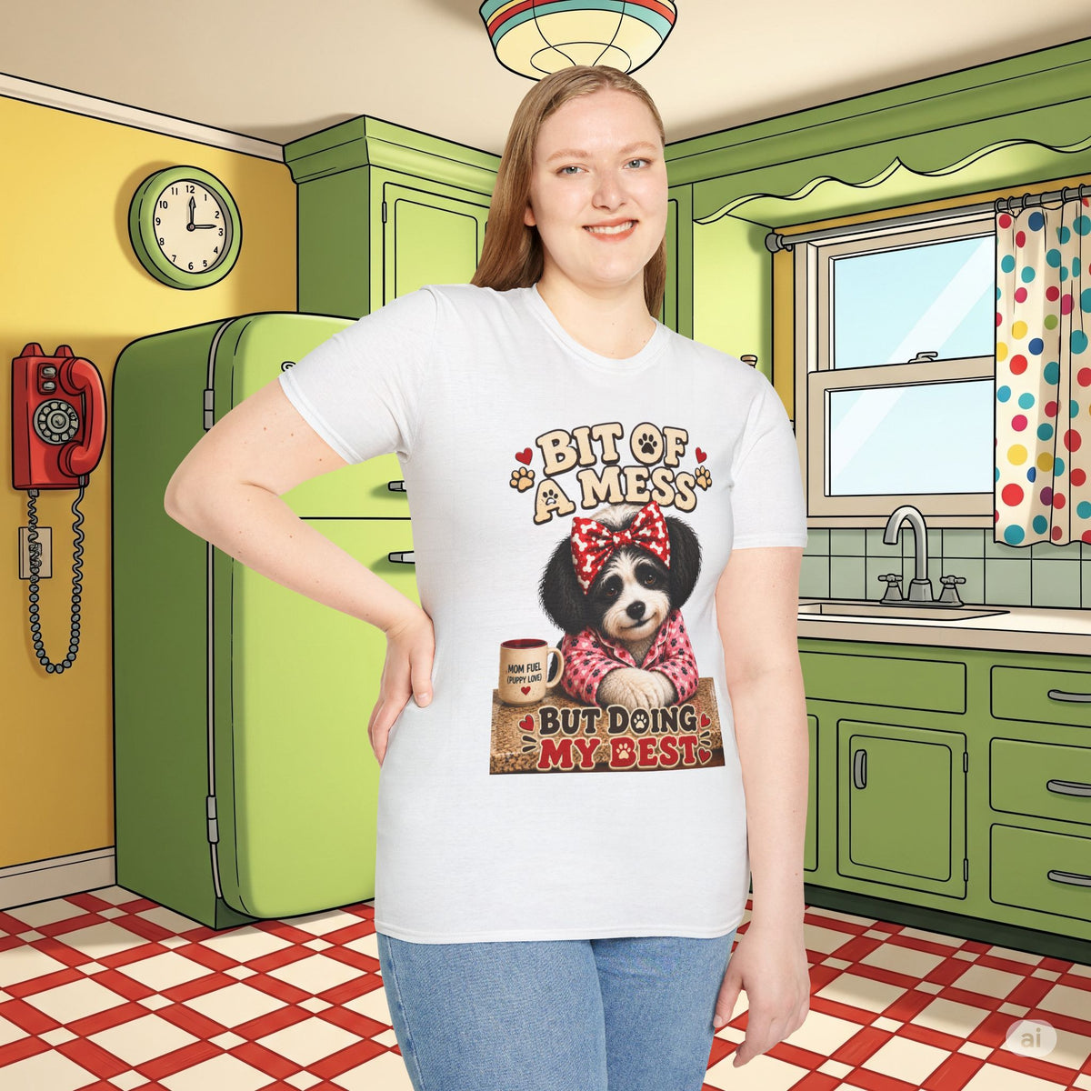 Bit of a Mess But Doing My Best Funny Dog Mom Shirt | Cute Puppy Pajamas Coffee Lover Graphic Tee No Background