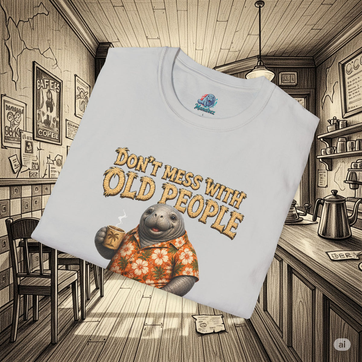 Don't Mess With Old People Shirt | Funny Manatee Humor Tee | We Didn't Get This Age By Being Stupid no background