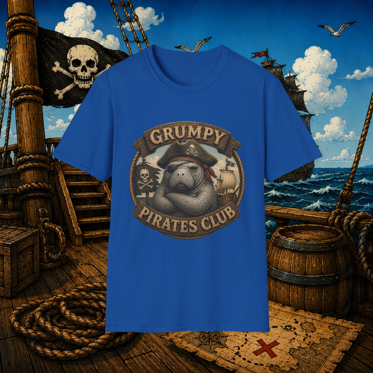 Grumpy Pirates Club Manatee T-Shirt | Funny Pirate Manatee Coastal Humor Tee