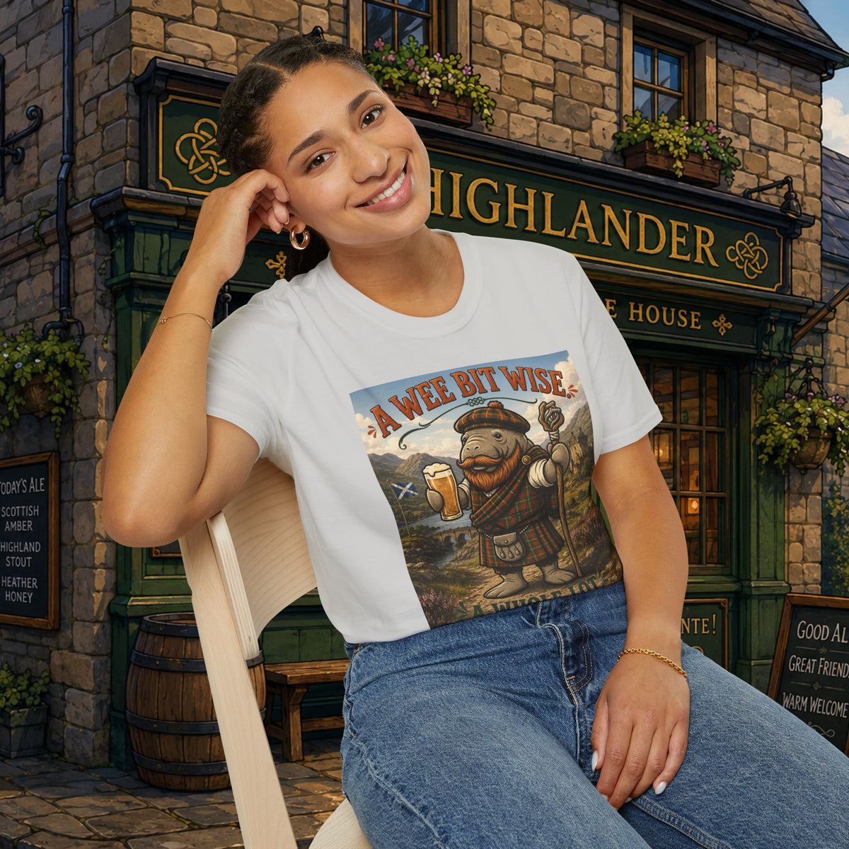 A Wee Bit Wise A Whole Lot Opinionated Shirt | Funny Scottish Manatee Tee | Highland Humor Graphic T-Shirt