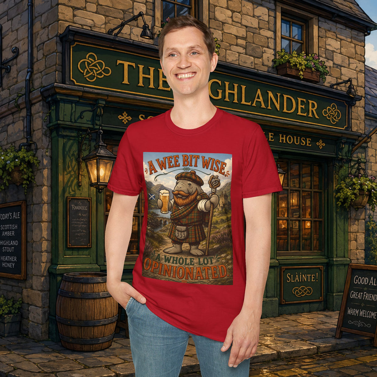 A Wee Bit Wise A Whole Lot Opinionated Shirt | Funny Scottish Manatee Tee | Highland Humor Graphic T-Shirt