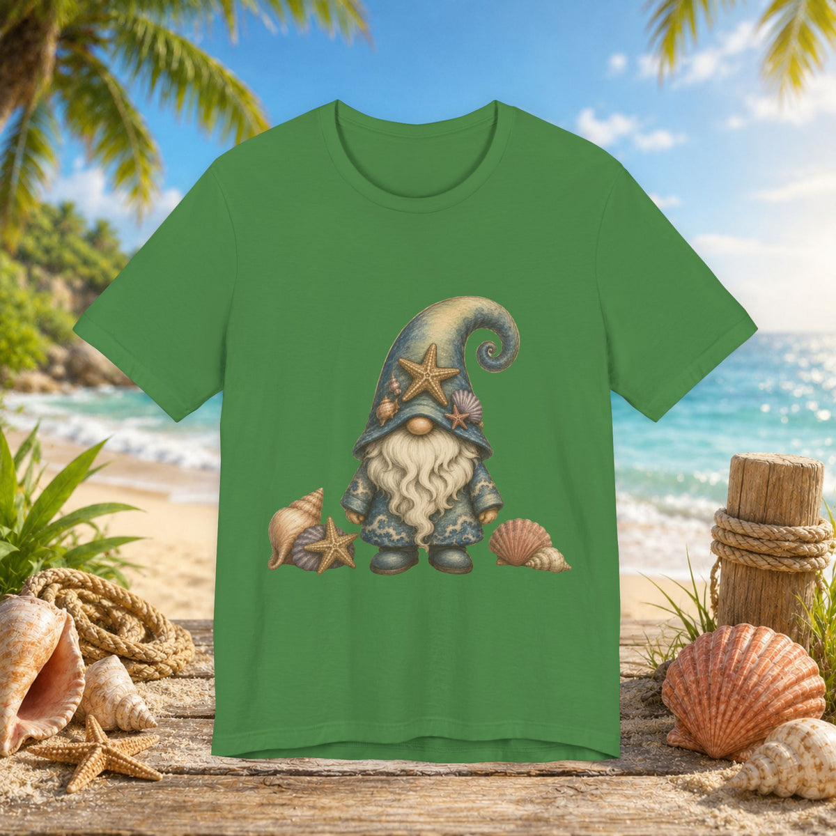 Beach Gnome with Seashells and Starfish | Coastal Nautical Fantasy Art
