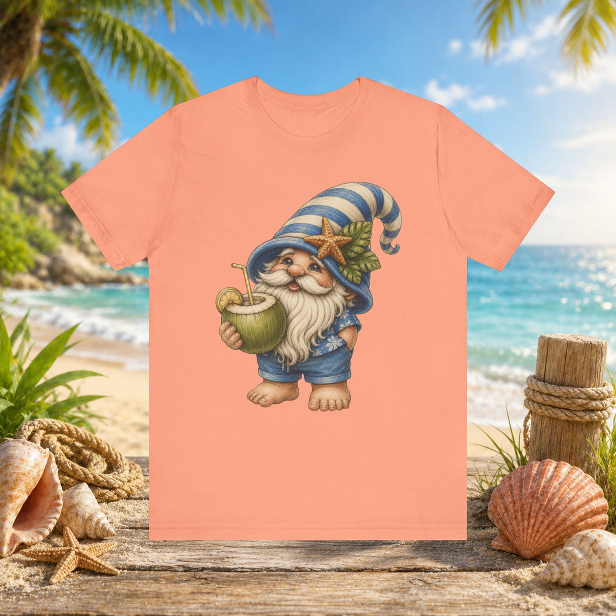Beach Gnome Drinking Coconut | Coastal Summer Gnome Illustration