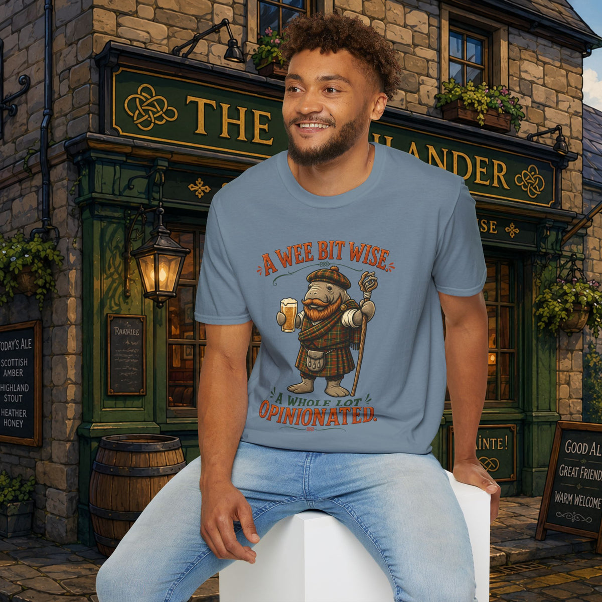 A Wee Bit Wise A Whole Lot Opinionated Shirt | Funny Scottish Manatee Tee | Highland Humor Graphic T-Shirt
