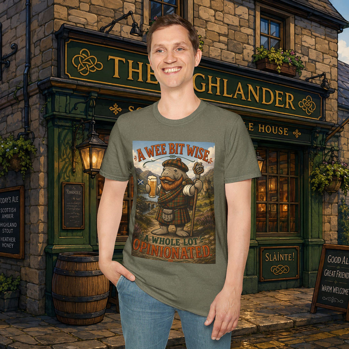 A Wee Bit Wise A Whole Lot Opinionated Shirt | Funny Scottish Manatee Tee | Highland Humor Graphic T-Shirt