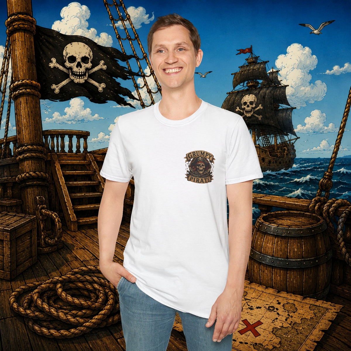 Captain of the S.S. Get Off My Deck Pirate Skeleton Shirt – Funny Grumpy Pirate Graphic Tee