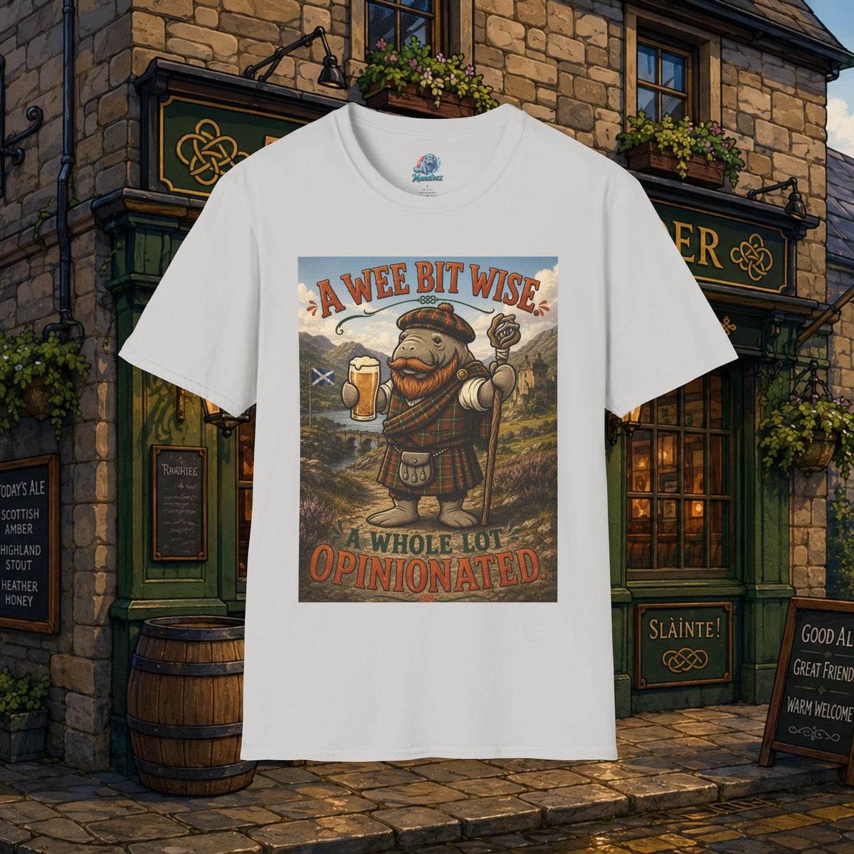 A Wee Bit Wise A Whole Lot Opinionated Shirt | Funny Scottish Manatee Tee | Highland Humor Graphic T-Shirt