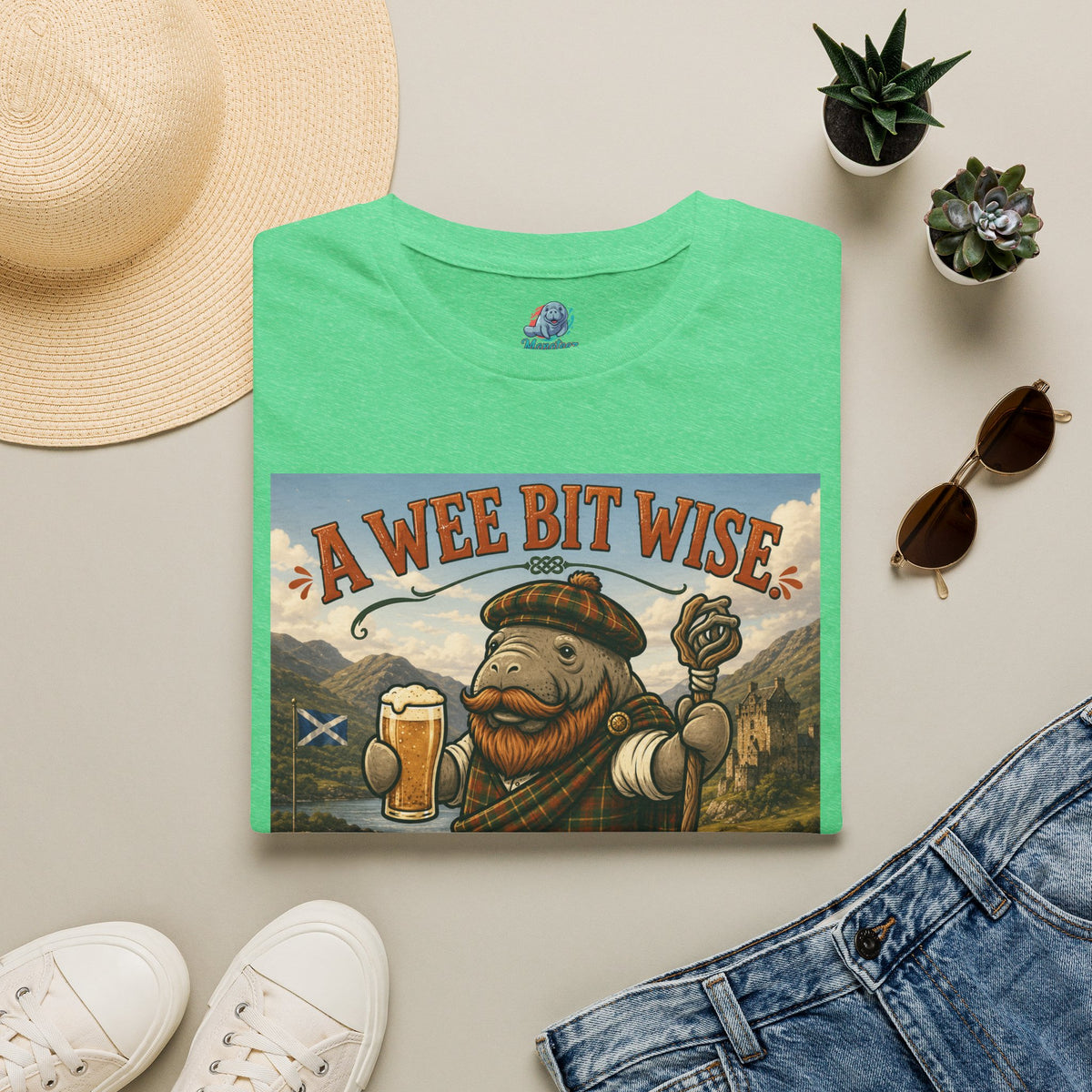 A Wee Bit Wise A Whole Lot Opinionated Shirt | Funny Scottish Manatee Tee | Highland Humor Graphic T-Shirt