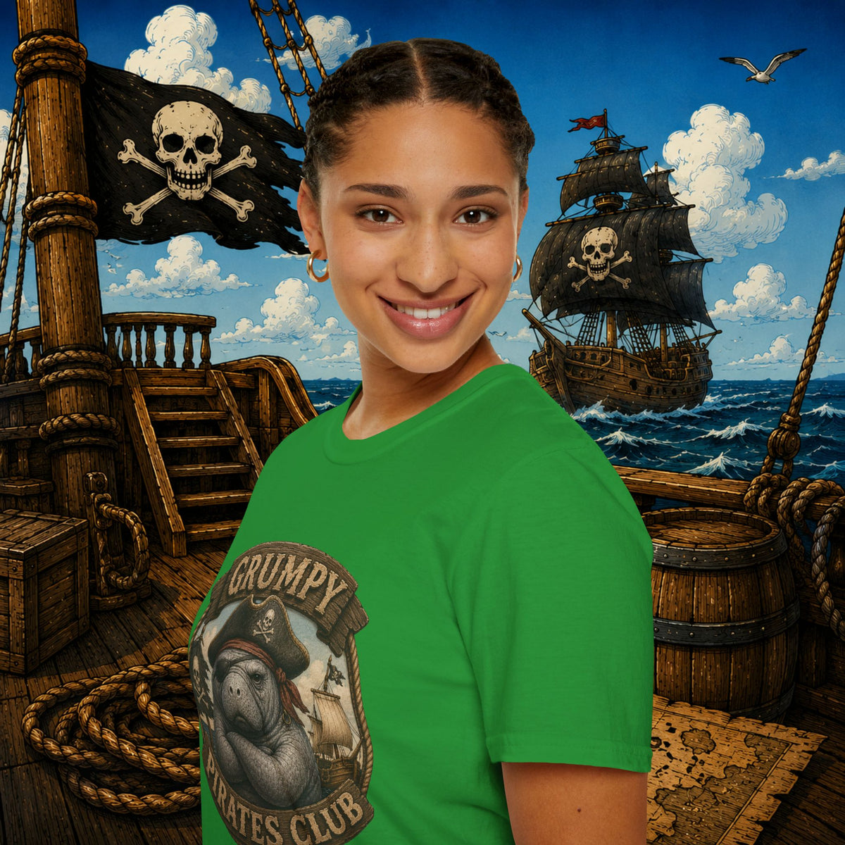 Grumpy Pirates Club Manatee T-Shirt | Funny Pirate Manatee Coastal Humor Tee