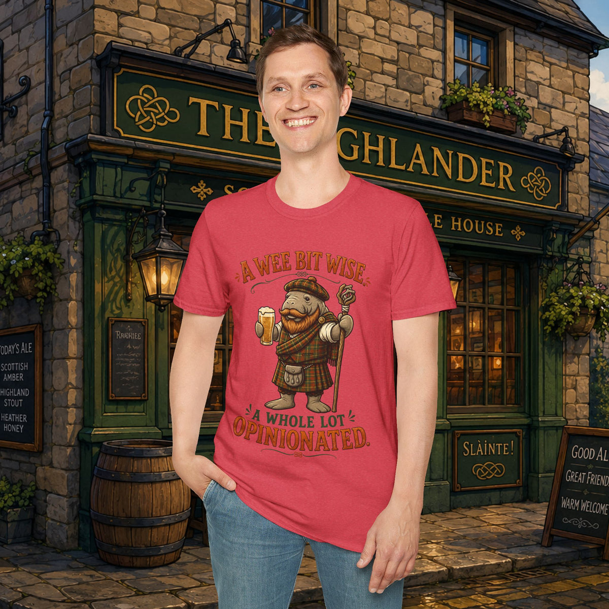 A Wee Bit Wise A Whole Lot Opinionated Shirt | Funny Scottish Manatee Tee | Highland Humor Graphic T-Shirt