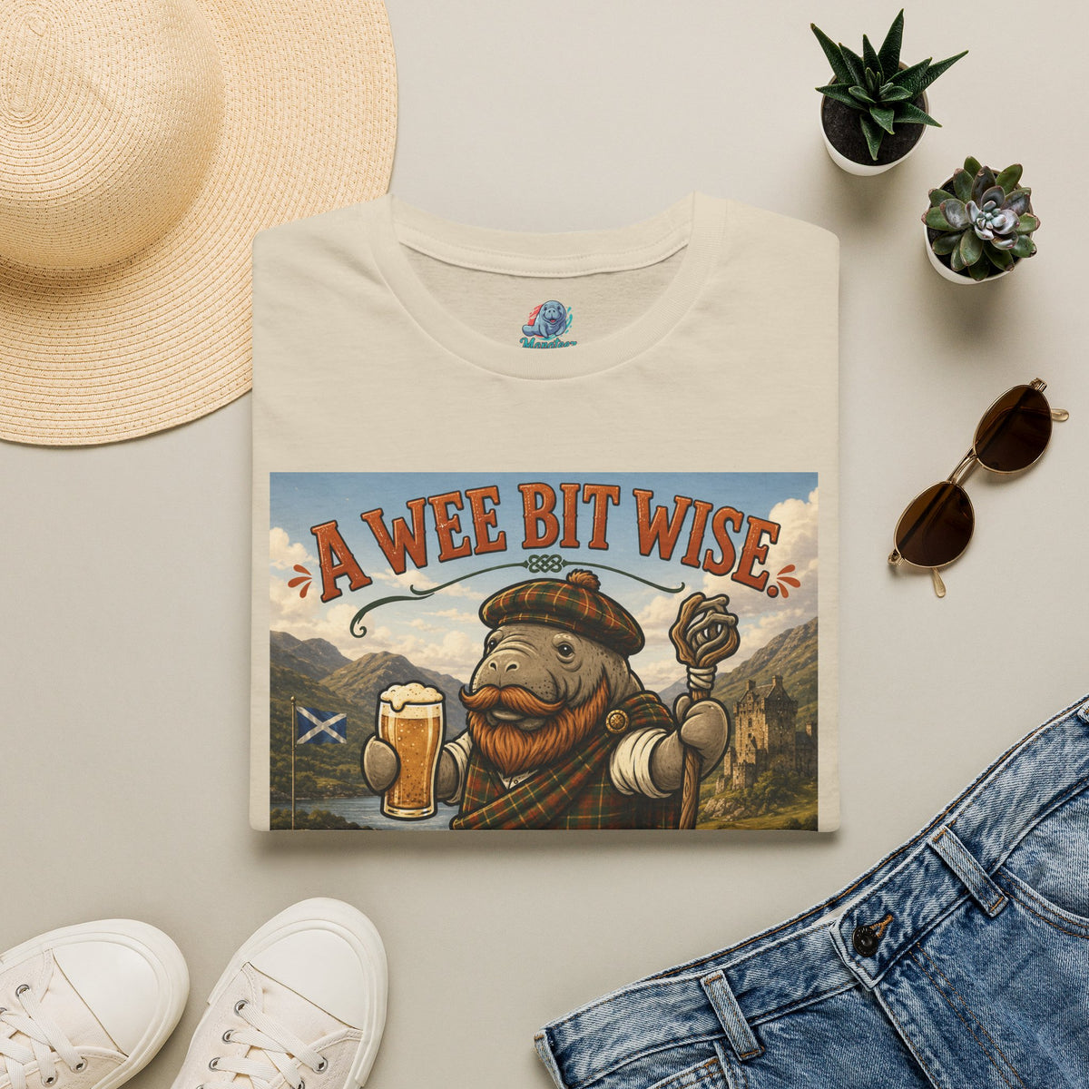 A Wee Bit Wise A Whole Lot Opinionated Shirt | Funny Scottish Manatee Tee | Highland Humor Graphic T-Shirt