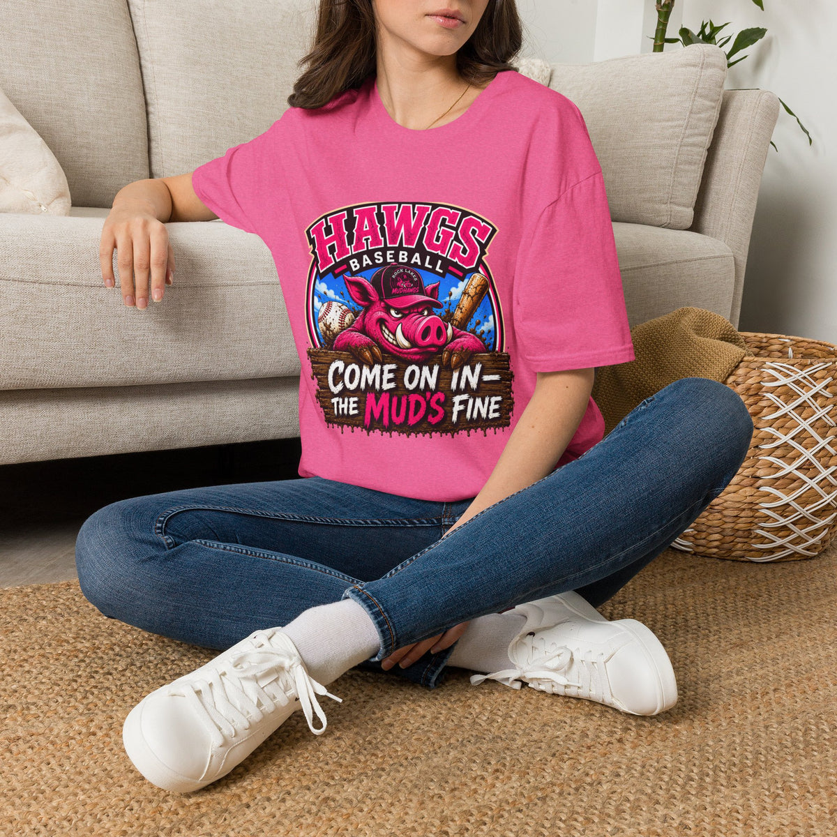 Rock Lakes Mud Hawgs Baseball Shirt | Come On In The Mud's Fine | Funny Pig Baseball Team Tee