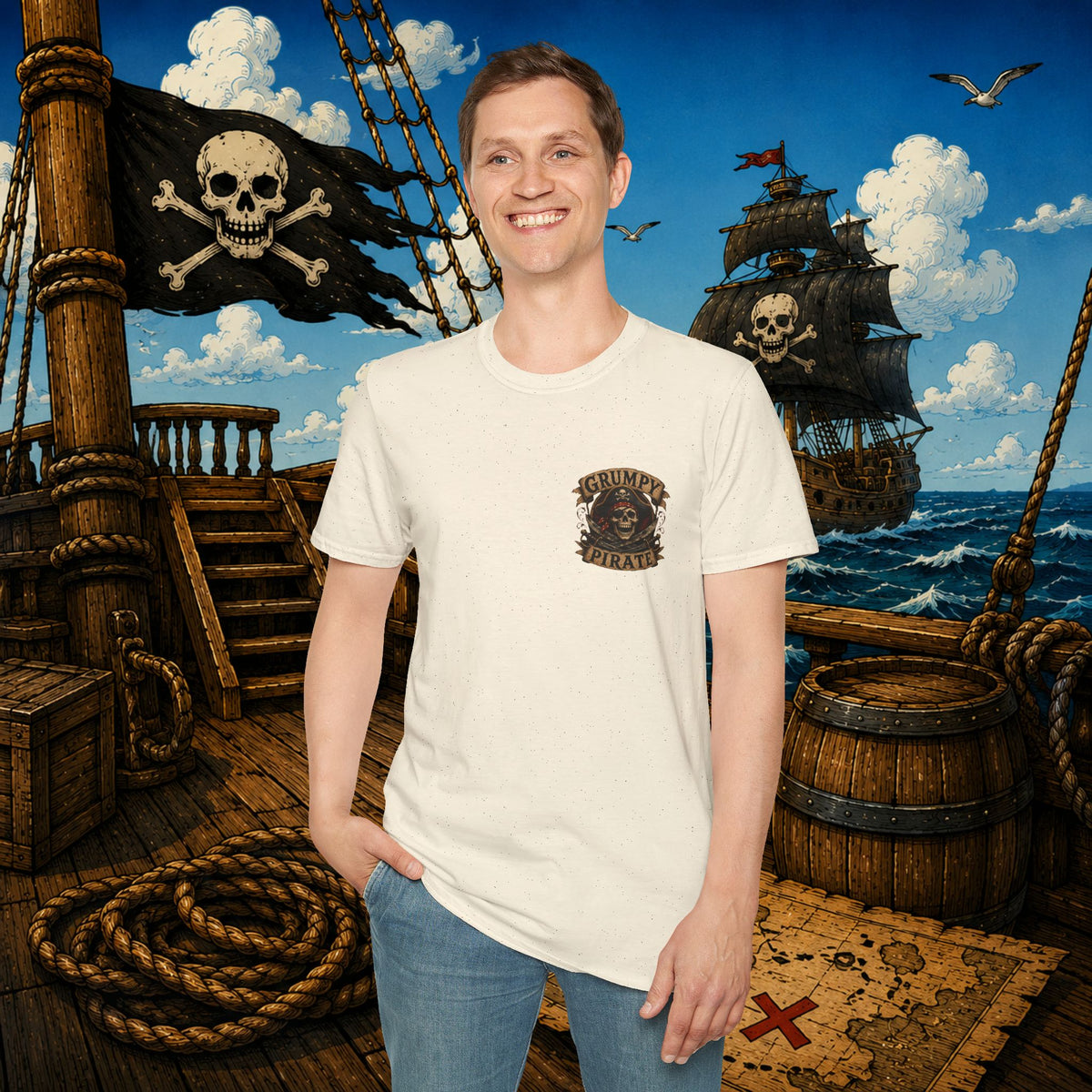 Captain of the S.S. Get Off My Deck Pirate Skeleton Shirt – Funny Grumpy Pirate Graphic Tee