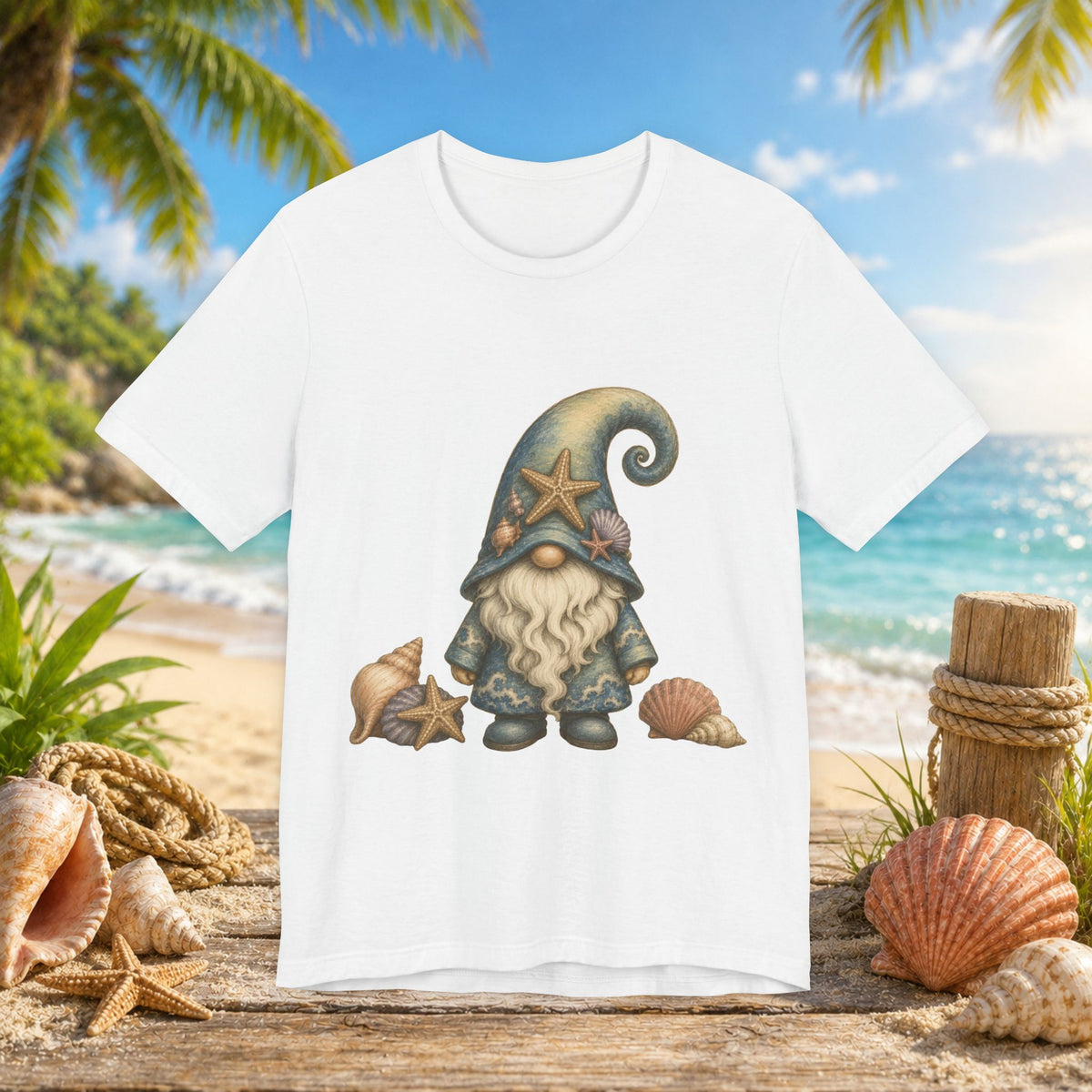 Beach Gnome with Seashells and Starfish | Coastal Nautical Fantasy Art