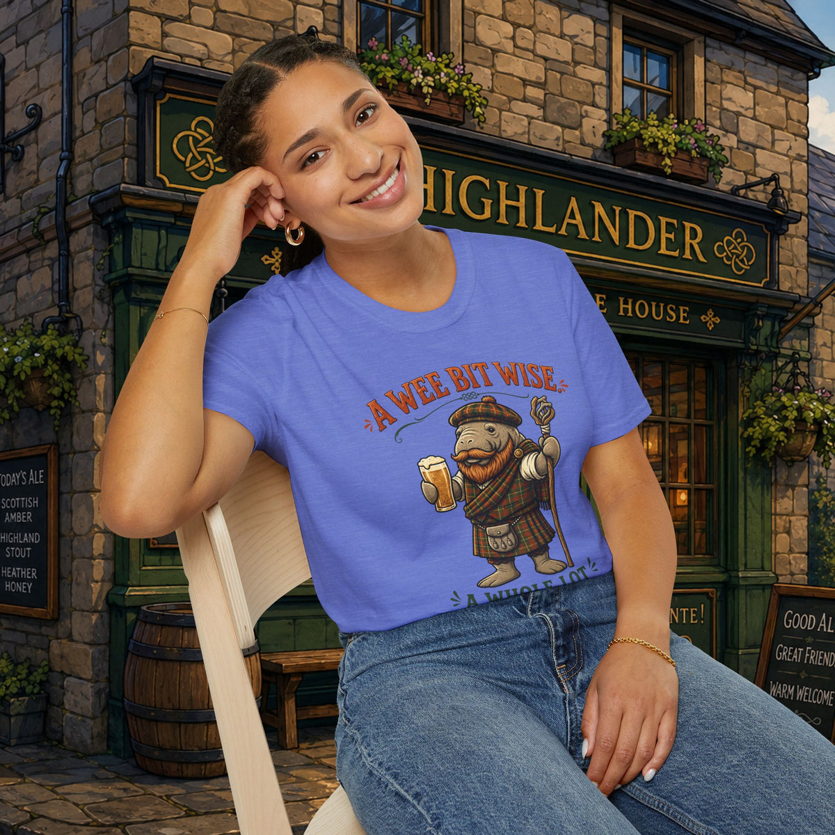 A Wee Bit Wise A Whole Lot Opinionated Shirt | Funny Scottish Manatee Tee | Highland Humor Graphic T-Shirt