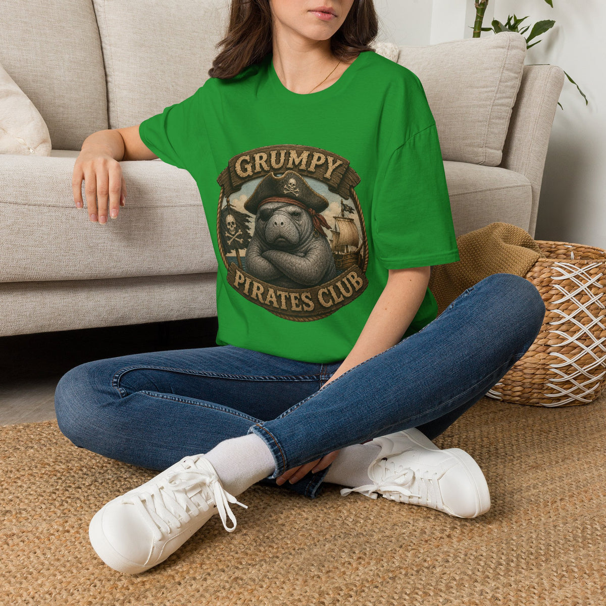 Grumpy Pirates Club Manatee T-Shirt | Funny Pirate Manatee Coastal Humor Tee