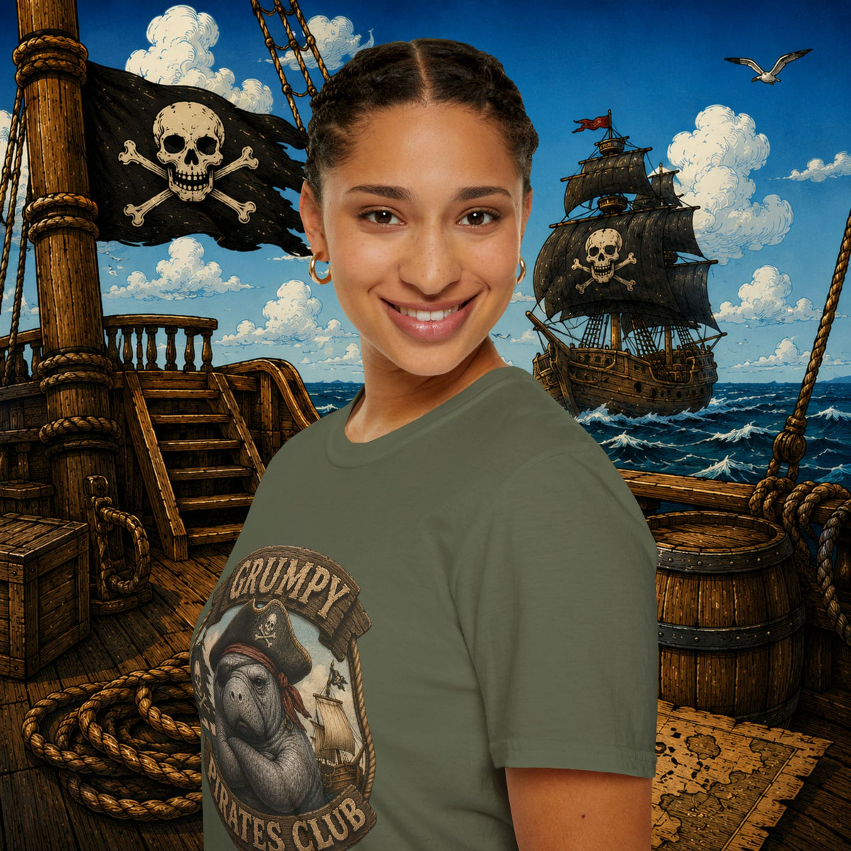 Grumpy Pirates Club Manatee T-Shirt | Funny Pirate Manatee Coastal Humor Tee