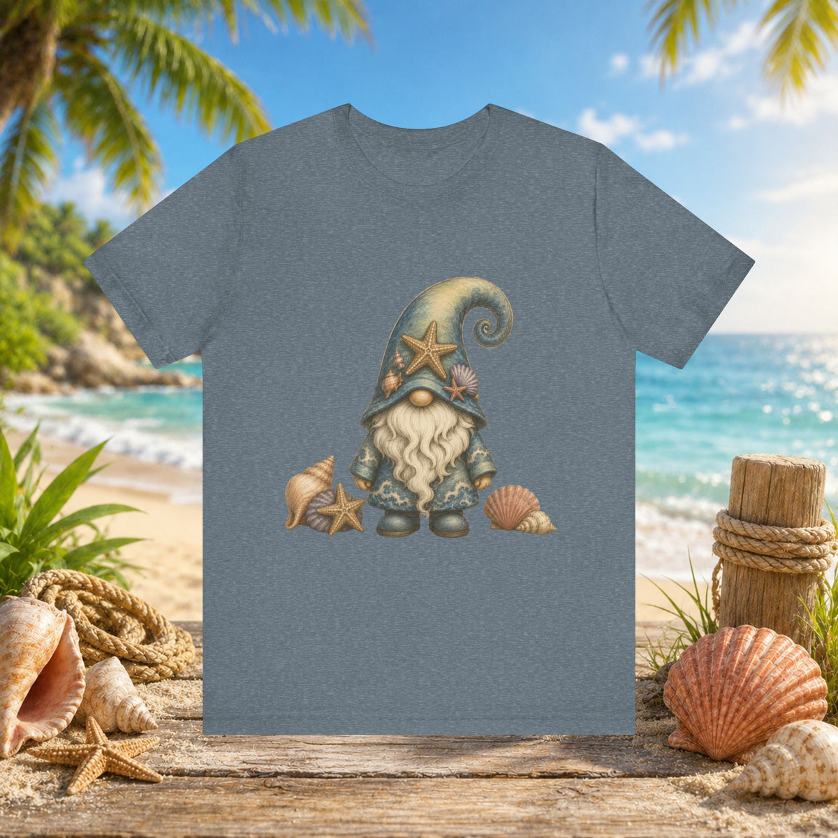 Beach Gnome with Seashells and Starfish | Coastal Nautical Fantasy Art